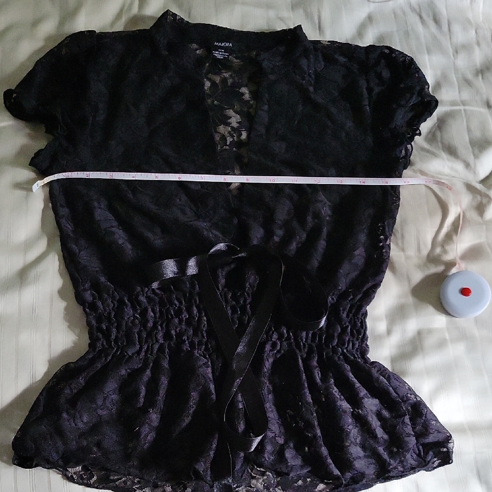 Elegant Black Lace Blouse with Satin Tie
